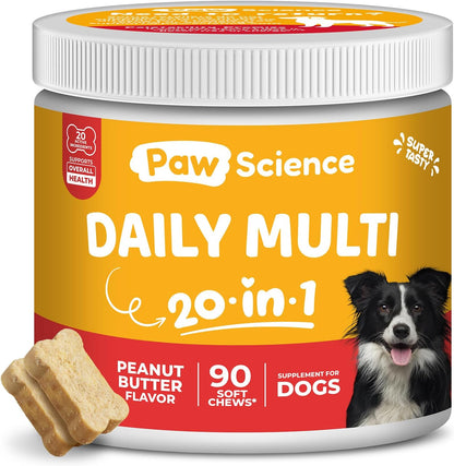 Dog Vitamins and Supplements - 20-in-1 Multivitamin Treats for Dogs - Glucosamine, Probiotics, Wild Alaskan Salmon Oil, Chondroitin, MSM & More - Peanut Butter Flavor - 90 Count