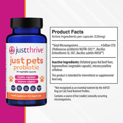 Just Thrive Just Pets Probiotic - Daily Digestive Probiotics for Dogs and Cats - 4 Billion CFUs Pet Probiotic, 30 Capsules
