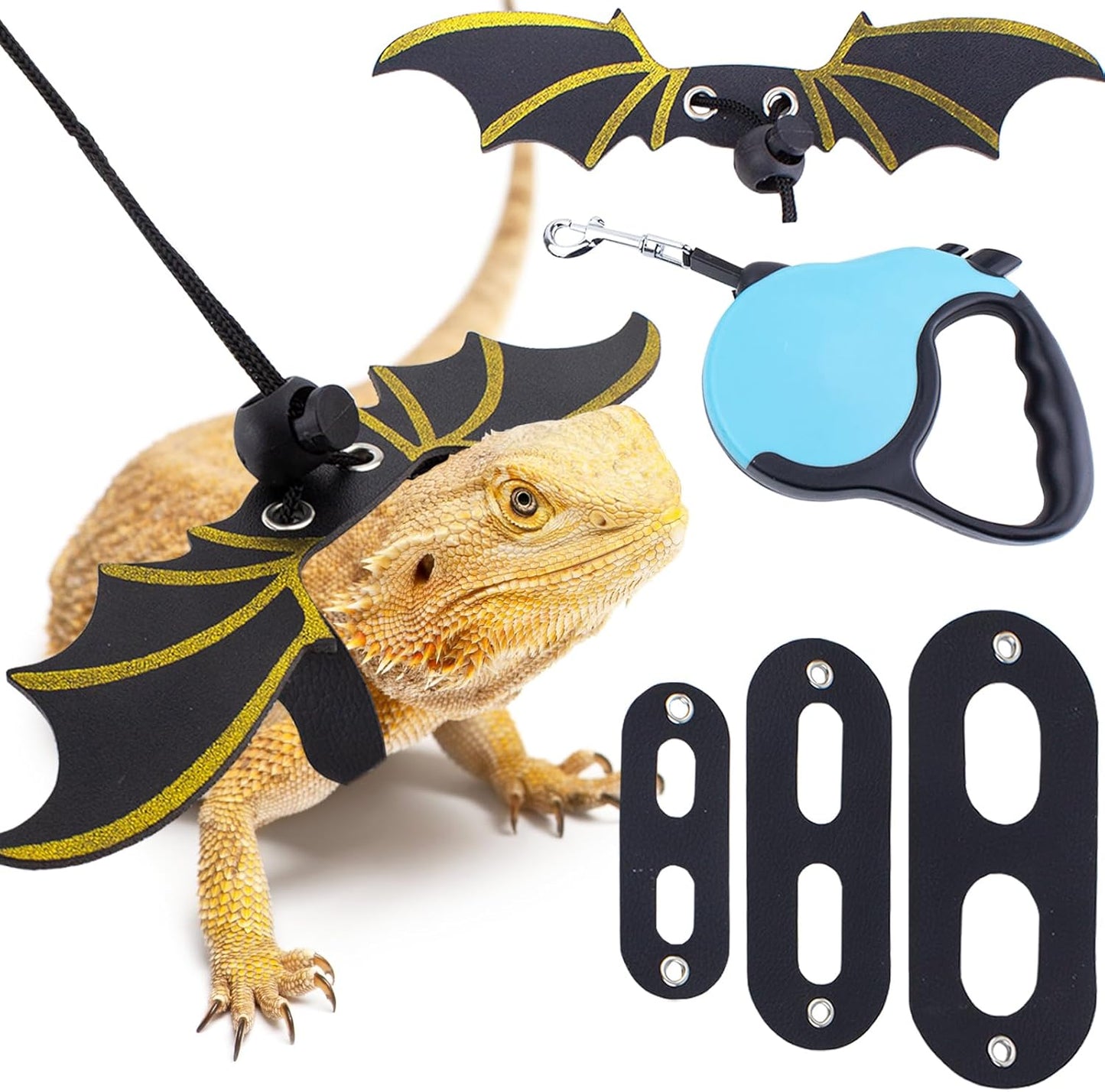 Retractable Bearded Dragon Leash with Dinosaur Wings, Comfortable Leather Harness, 3 Sizes Adjustable Escape-Proof Design