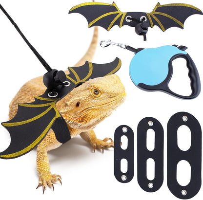 Retractable Bearded Dragon Leash with Dinosaur Wings, Comfortable Leather Harness, 3 Sizes Adjustable Escape-Proof Design