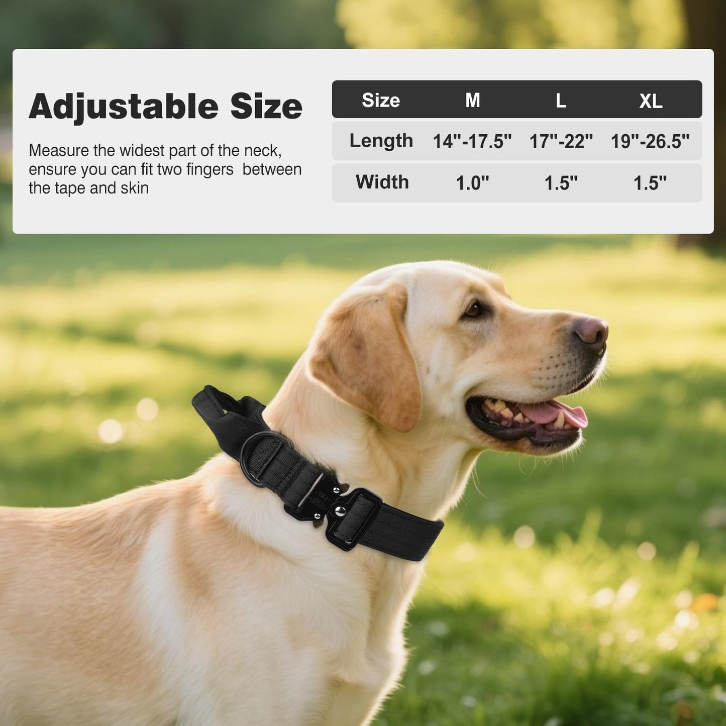 Joytale Heavy Duty Dog Collar with Handle, Adjustable Tactical Military Nylon Collar with Quick Release Metal Buckle for Large Dogs Walking Training, Soft Lining, Dual Rings, AirTag Case, L, Black