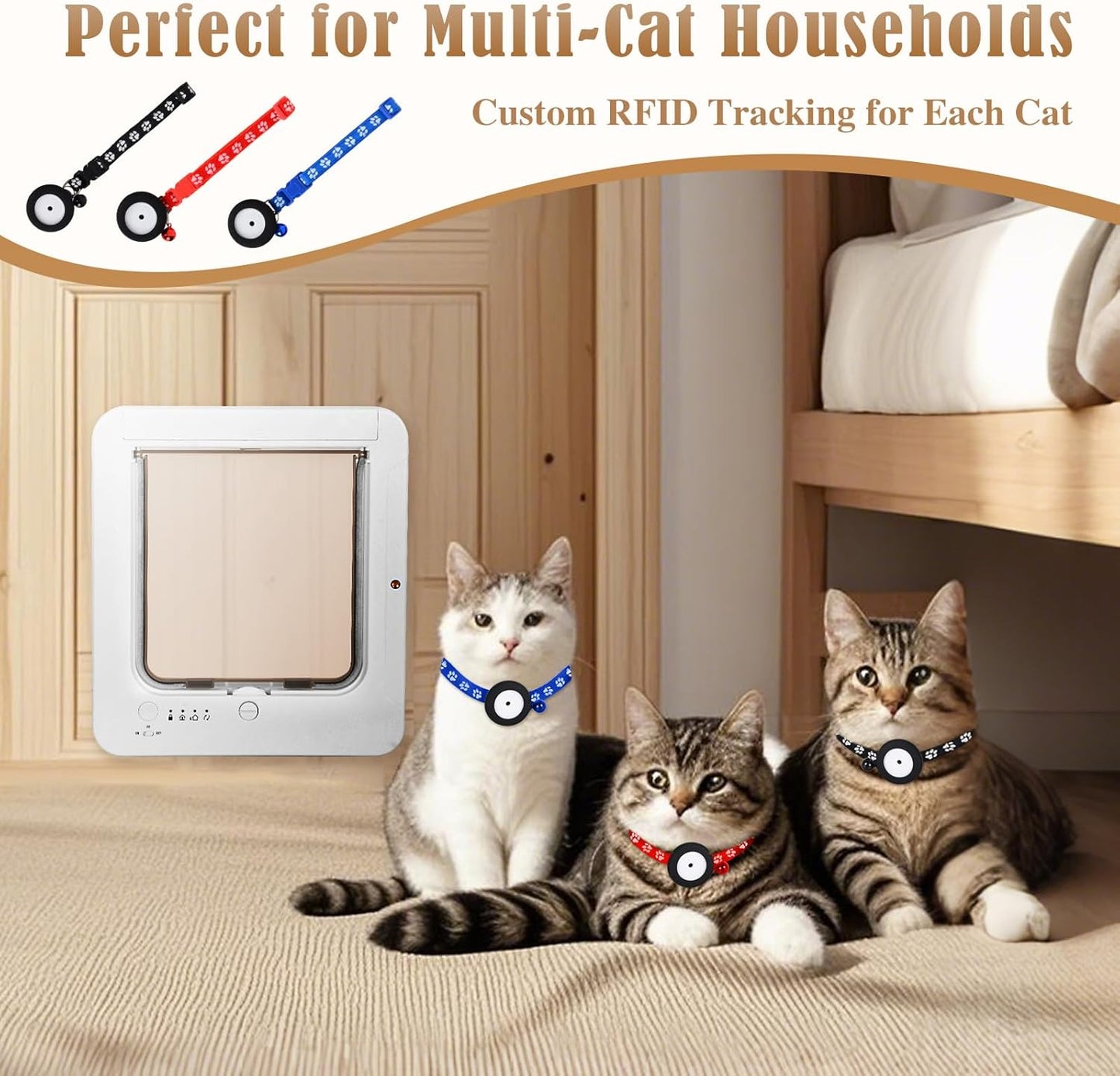Smart Cat Door for Interior & Exterior, Flap Opening is 7.67’’ (H) by 7'' (W), RFID Cat Pet Door with 3 RFID Collar Sensor Keys & 1 Remote & 4 Way Locking Cat Flap, Automatic Opening Cat Door ﻿(White)