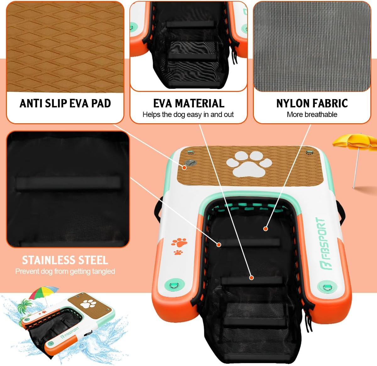 FBSPORT Inflatable Dog Boat Ramp Floating Dock Water Ramp Ladder for Pool, Boat, Non-Slip EVA Floating Ladder for Dog Up to 220 LBs, Safe & Easy Access