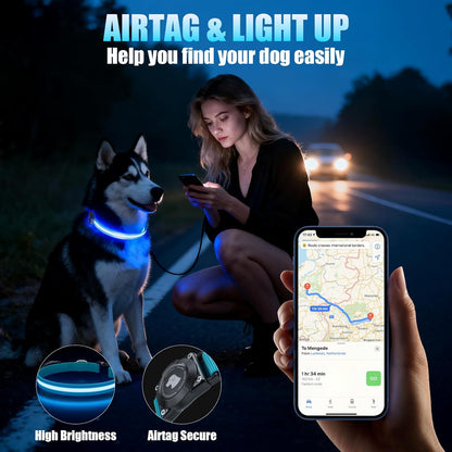 LED AirTag Dog Collar - Brightest Light Up Dog Collars - IP68 Waterproof Air Tag Dog Collar Holder - 1,600 Feet of High Visibility - Magnetic Charging - Dog Lights for Night Walking, Blue M