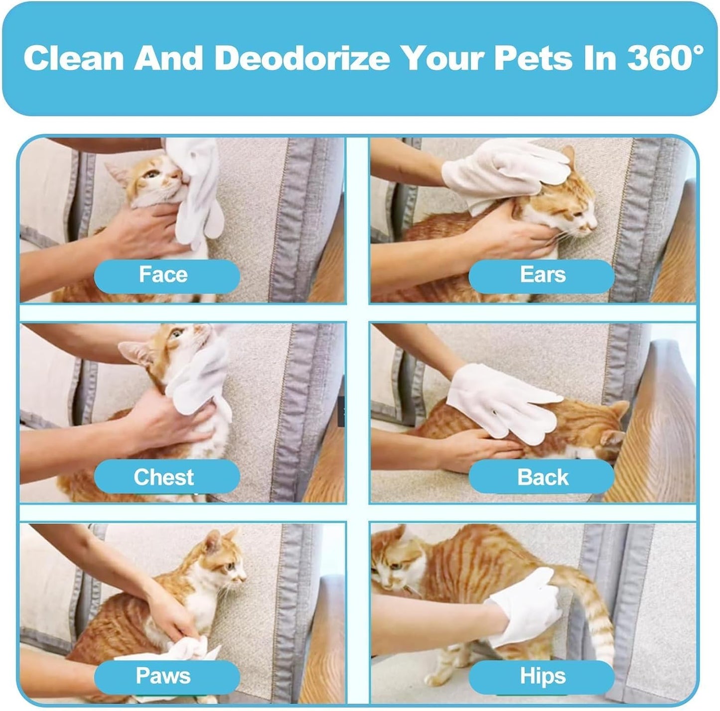 Pet Cleaning Glove Wipes for Dogs & Cats, Cleaning and Deodorizing Disposable Bathing Wipes for Fur, Paws and Butt,Rinse Free for Grooming and Travel, Hypoallergenic Unscented, 6 PCS