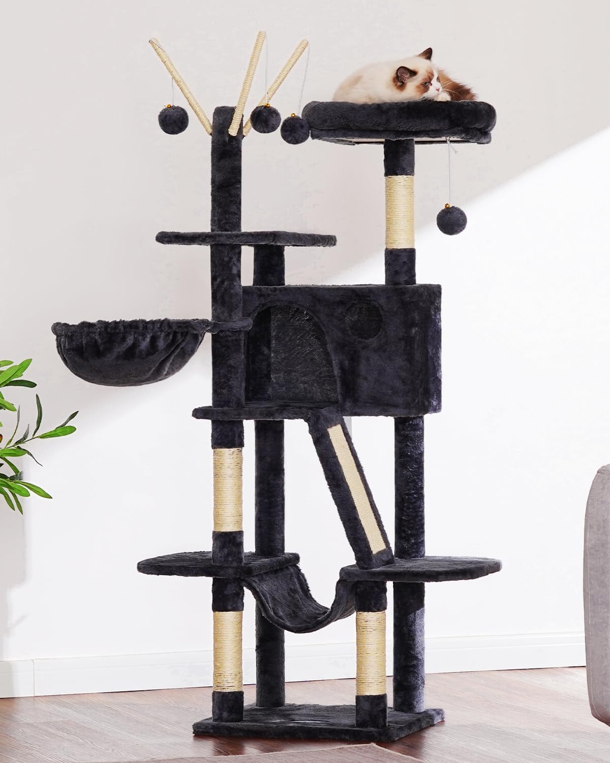 Hey-brother Cat Tree, 53 inch Cat Tower for Indoor Cats, Cat House with Padded Platform Bed, Toy Balls, Large Cozy Condo, Hammocks and Sisal Scratching Posts, Smoky Gray MPJ019-SG