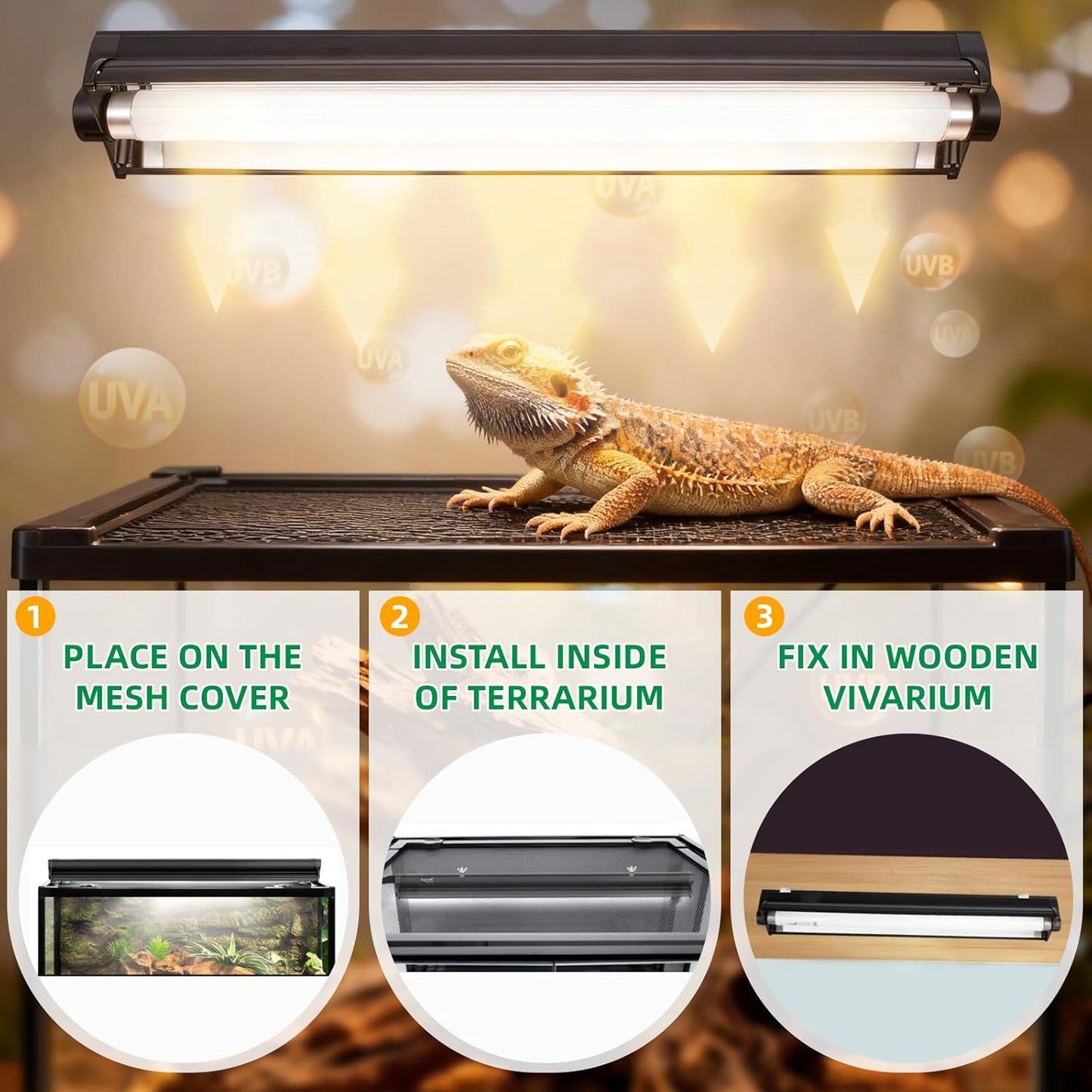 T8 UVB Reptile Light Fixture HO UVB Bulb Lighting Combo Kit with 18 Inch 15 Watt UVB 10.0 Fluorescent Bulb,Reptile Strip Light UVA UVB Desert Lamp Pet Habitat Light for Reptiles Amphibian-T8 15W G13