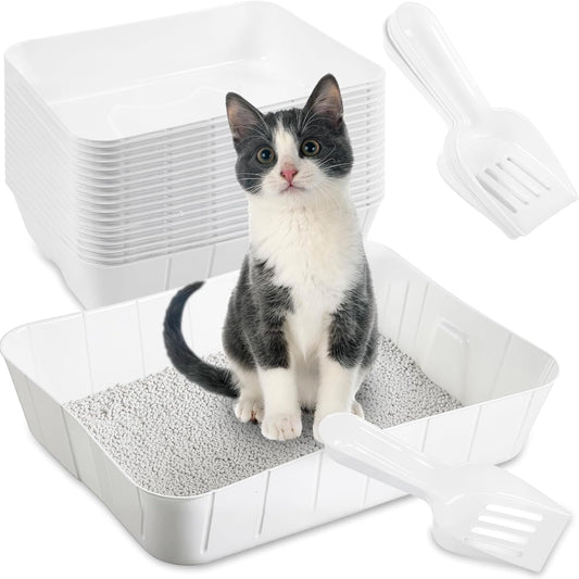 Bokon 50 Pcs 25 Set Disposable Litter Boxes for Cats with Scoop Plastic Cat Litter Tray Large Kitten Pan for Kitty Rabbit Guinea Pig Hamster Pets Supplies Travel Home Toilet, 15.7 x 11.8 x 3'' (White)