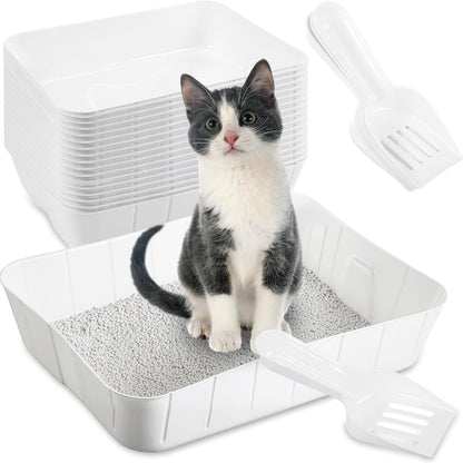 Bokon 50 Pcs 25 Set Disposable Litter Boxes for Cats with Scoop Plastic Cat Litter Tray Large Kitten Pan for Kitty Rabbit Guinea Pig Hamster Pets Supplies Travel Home Toilet, 15.7 x 11.8 x 3'' (White)