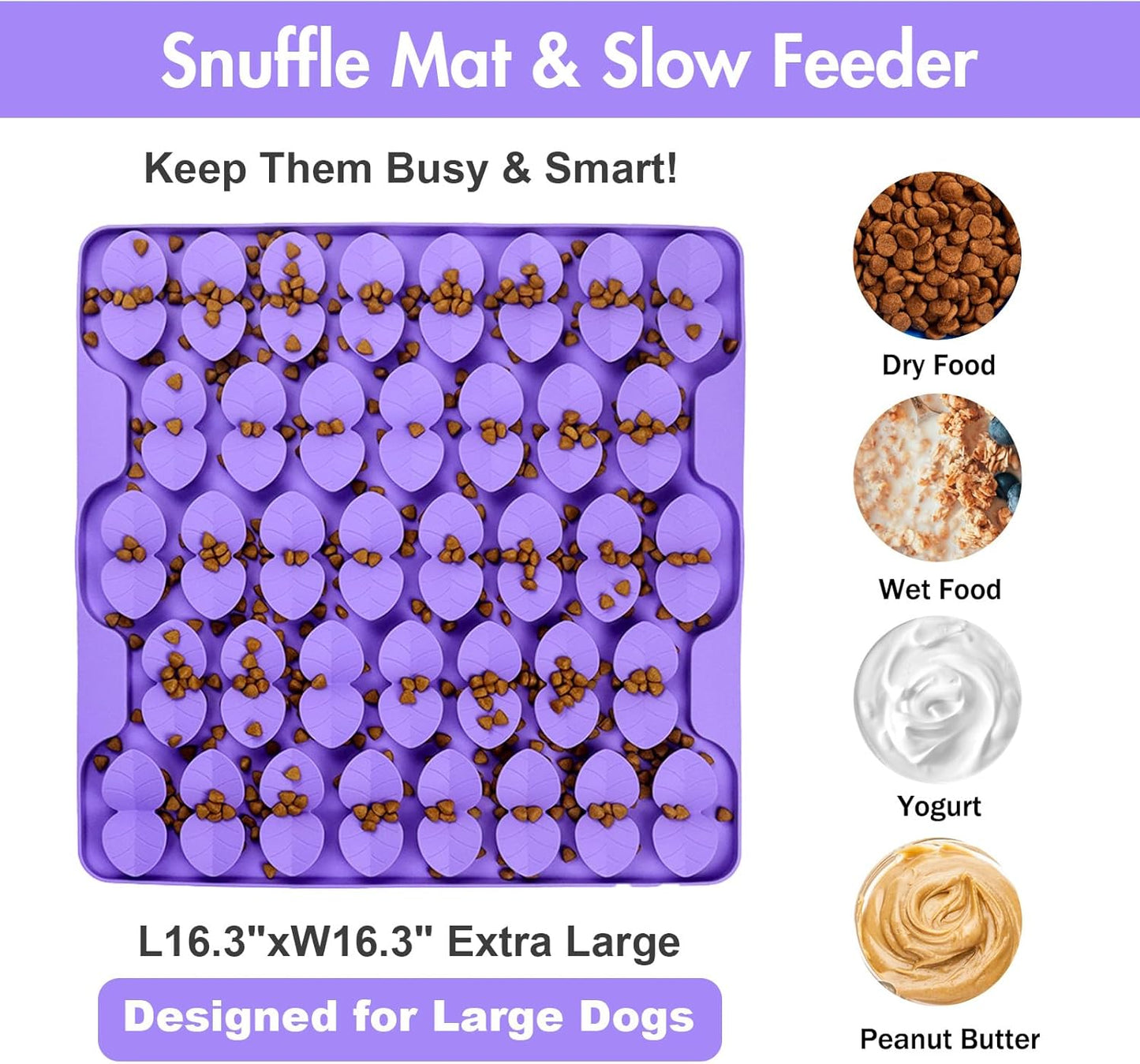 Silicone Snuffle Mat for Dogs, Dog Extra Large Lick Mat Slow Feeder with Suction Cups, Interactive Dog Puzzle Feeder Sniff Mat Foraging Mat for Smell Training Slow Eating, XXL Purple