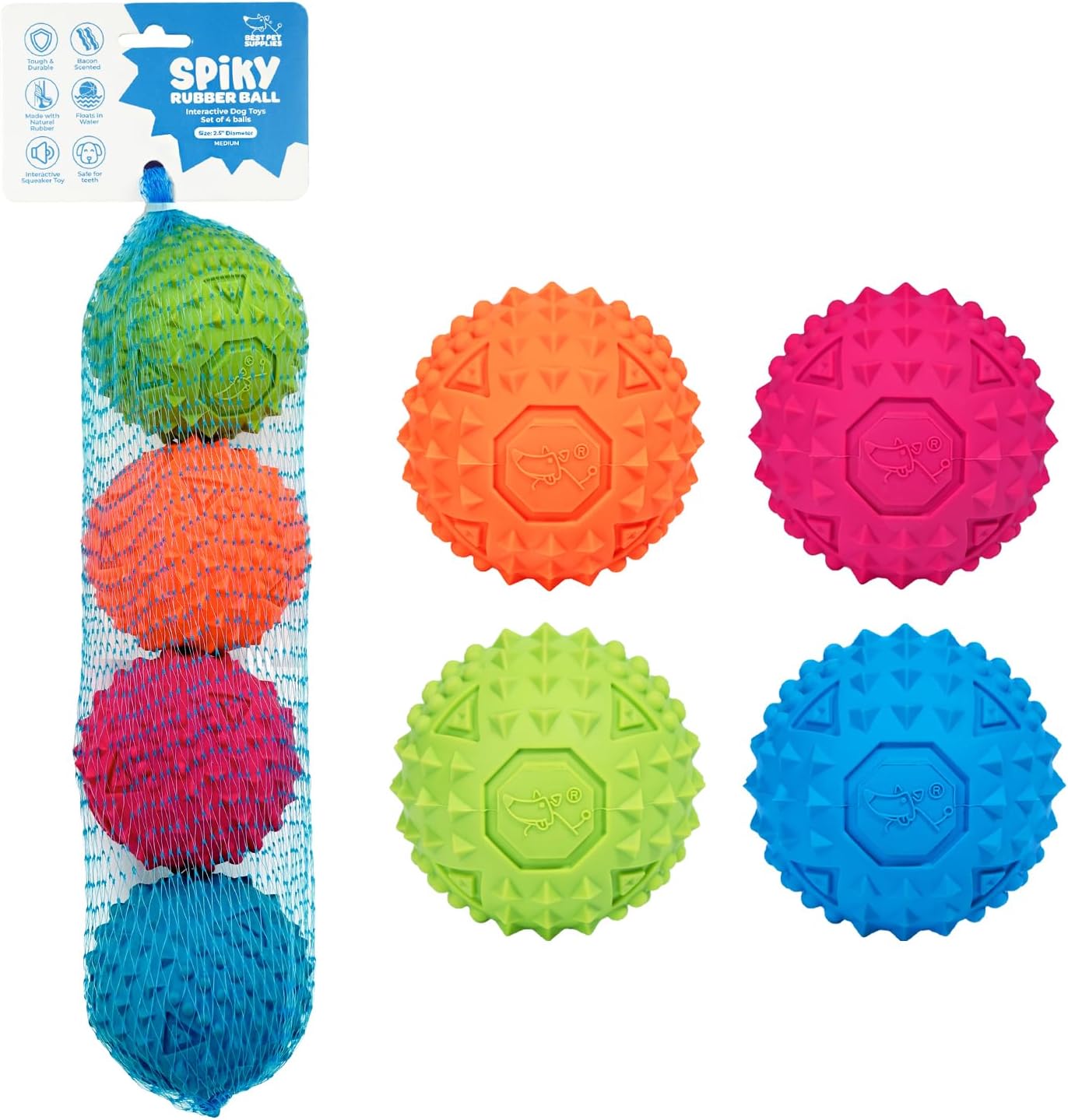Best Pet Supplies Squeaky Rubber Spiky Ball Dog Toy, Ideal Dog Toys for Chewers, Small, Medium & Large Dogs, and Fetch Lovers Pack of 4 (Fuchsia, Green, Blue, Orange), Medium 2.5"