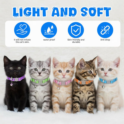 5 PCS Reflective Breakaway Cat Collars with Bells, Adjustable Breakaway Kitten Collars Colorful Soft Safety Buckle Cat Collar Girl Boy Pet Cats Collar, SafetyCollar for Pet Supplies Stuff Accessories