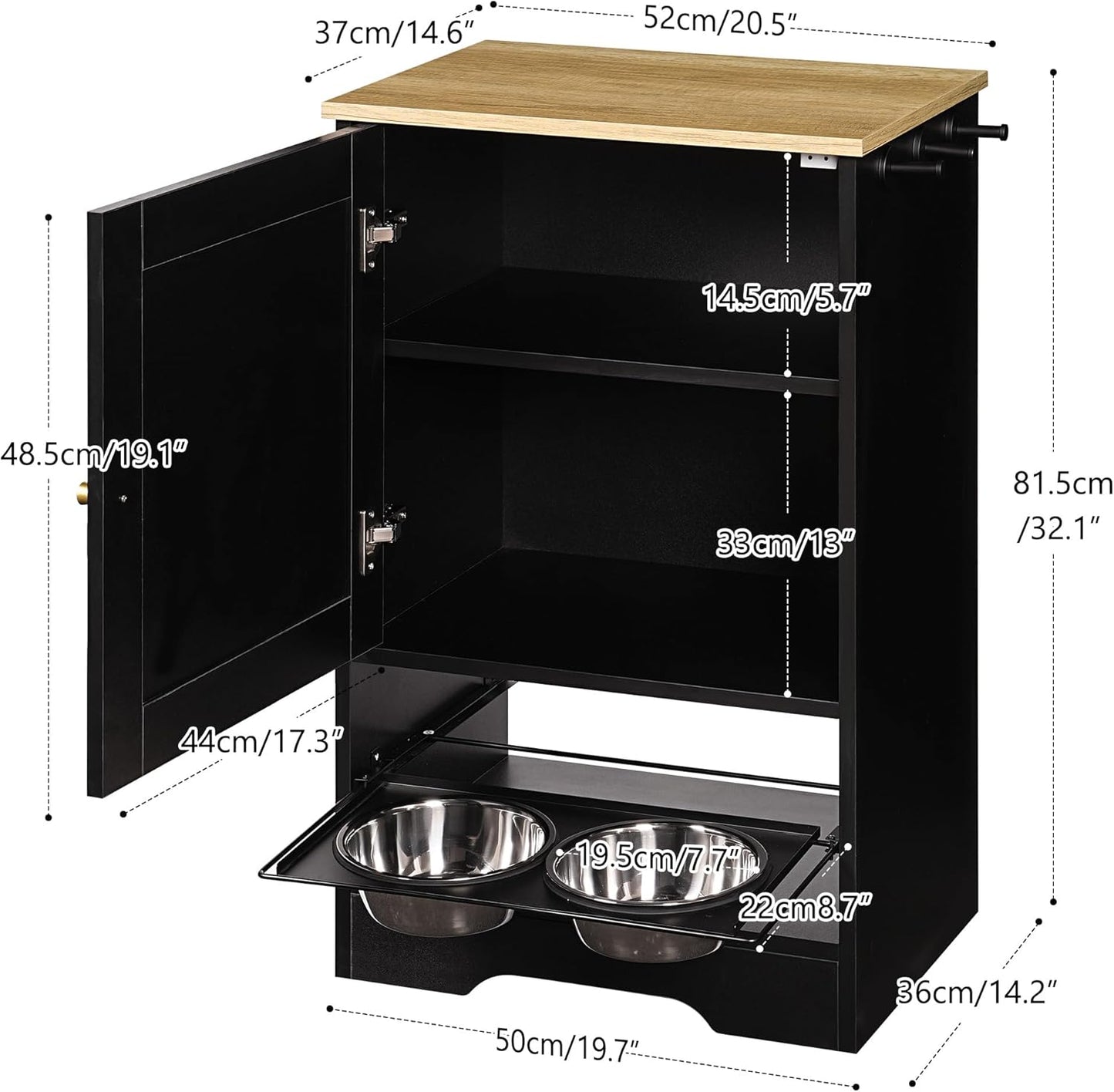 LUMILAND Elegant Pet Feeding Station for Comfort and Convenience, 2 Elevated Bowls and Storage Cabinet, Modern Black Design