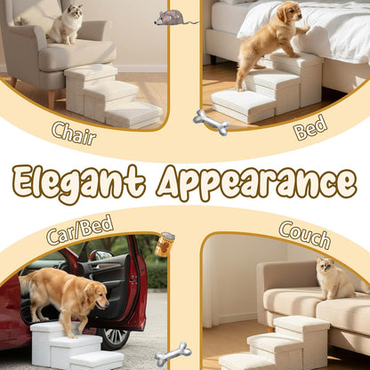 Dog Stairs for Small Dogs with Storage 18" h, 3-Tier Non-Slip Pet Stairs for Dogs Cats, Foldable White Dog Steps Ramp, Corduroy Fabric Pet Ramp for High Beds Couches
