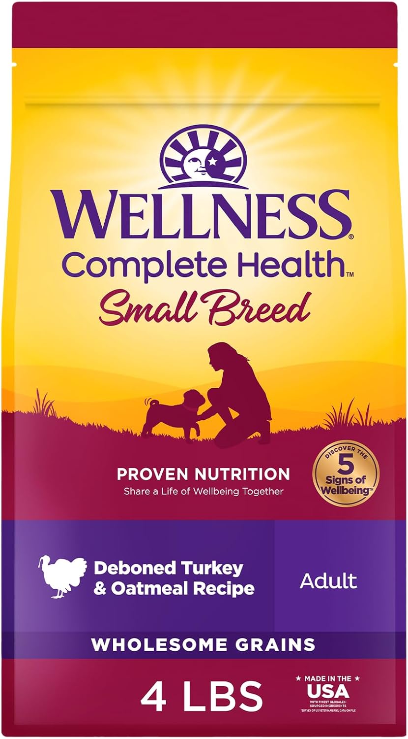 Wellness Complete Health Small Breed Dry Dog Food with Grains, Natural Ingredients, Made in USA with Real Turkey, For Dogs Up to 25 lbs, (Adult, Turkey & Oatmeal, 4-Pound Bag)