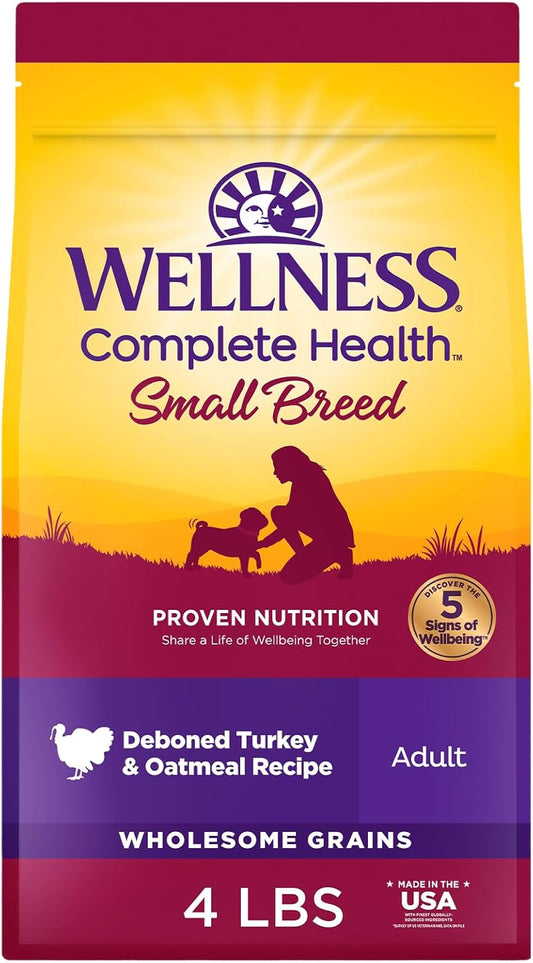Wellness Complete Health Small Breed Dry Dog Food with Grains, Natural Ingredients, Made in USA with Real Turkey, For Dogs Up to 25 lbs, (Adult, Turkey & Oatmeal, 4-Pound Bag)