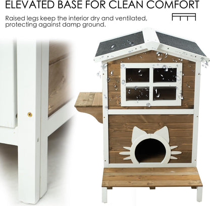 Large Outdoor Cat House, 2-Level Weatherproof Spruce Wood, 32W x 22.75D x 36H inches, Gray