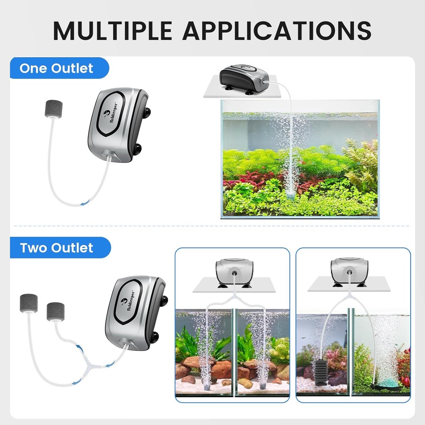 fishkeeper Quiet 3W/5W Aquarium Air Pump - Small & Powerful Dual Outlet Fish Tank Air Pump, Adjustable Oxygen Aerator Pump with Air Stone Bubbler Kits for 1-160Gal Fish Tanks (Silver-Gray, 2025 New)