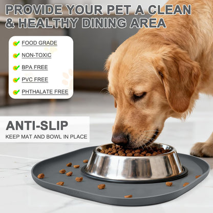 Small Silicone Pet Food Mat with Raised Edge for Food and Water Bowl, Square Dog Feeding Mats, Cat Food Trays for Floor Waterproof, Rubber Tray for Dogs and Cats, 12 x 12 x 0.7 Dark Grey