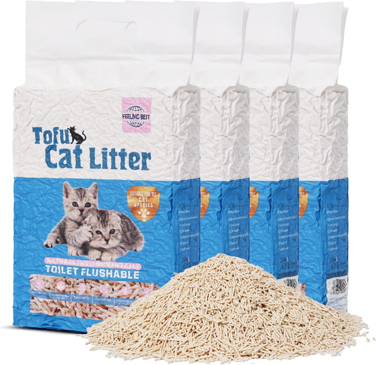 Tofu Cat Litter 22.4LB(5.6LB*4 Bags) Fast Clumping, Dust-Free,100% Natrual Raw Materials, Clumping,Flushable,Ultra Absorbent and Fast Drying,Solubility in Water,Really,Less Scattering
