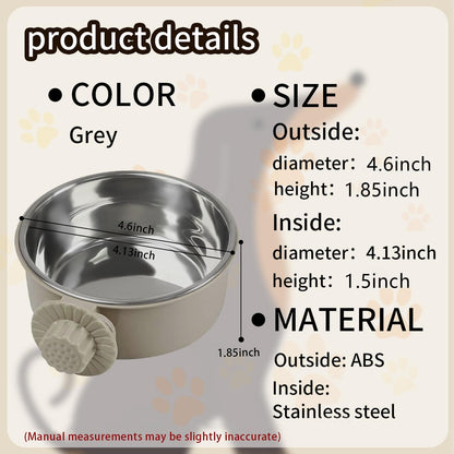 2Pcs Pets Lightweight Stainless Steel Bowl,Removable Stainless Steel Pet Hanging Food Water Feeder Bowl Cage Coop Cup for Puppy Medium Dog Cat Rabbit Ferret Bird Gunea Pigs (Gray, S)