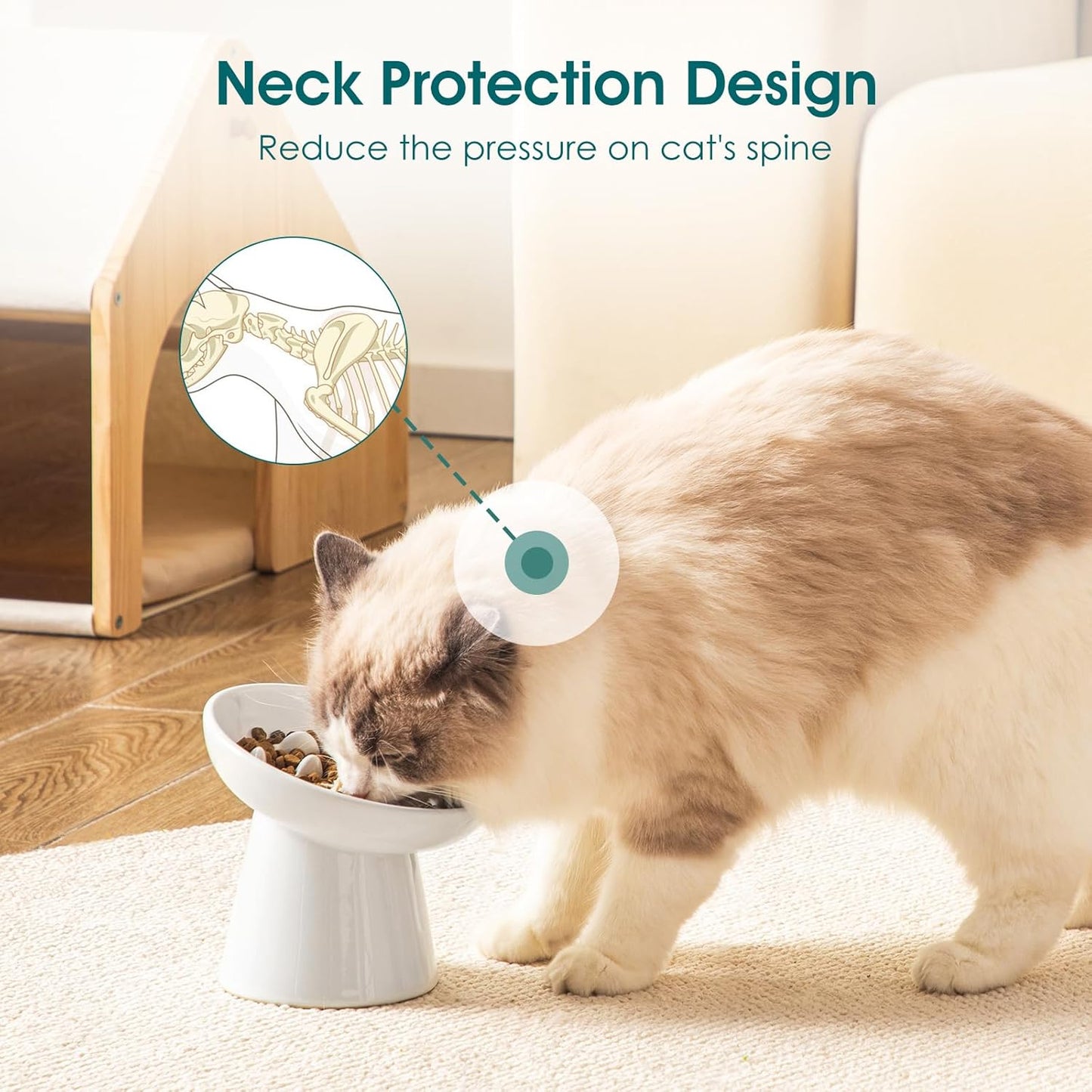 vancasso Ceramic Slow Feeder Cat Bowl, 6.25 Inch Elevated Cat Slow Feeder Bowl, Anti Vomiting for Dry and Wet Food, White