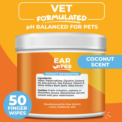 Dog Ear Cleaner Wipes – Finger Wipes for Dogs & Cats – Cleaning, Soothing, & Deodorizing Itchy Ears – Pet Ear Relief Solution (Coconut)