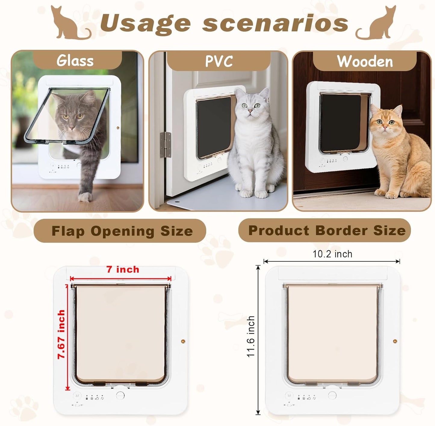 Smart Cat Door for Interior & Exterior, Flap Opening is 7.67’’ (H) by 7'' (W), RFID Cat Pet Door with 3 RFID Collar Sensor Keys & 1 Remote & 4 Way Locking Cat Flap, Automatic Opening Cat Door ﻿(White)