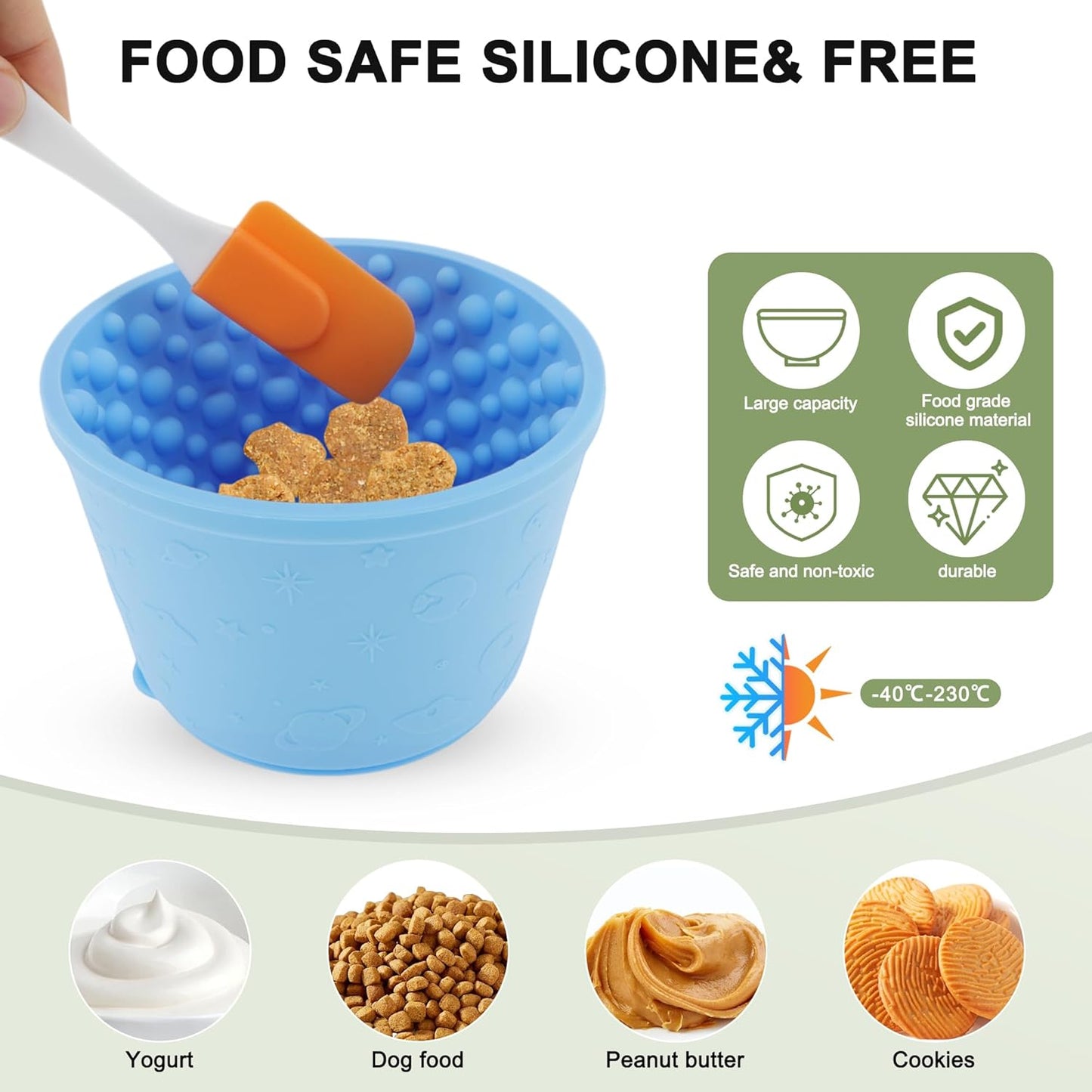 Slow Feeder Dog Bowls, Silicone Dog Lick Bowl with Brush & Scraper, Non-Slip Base Slow Feeder for Anxiety Alleviating & Oral Health, Lake Blue
