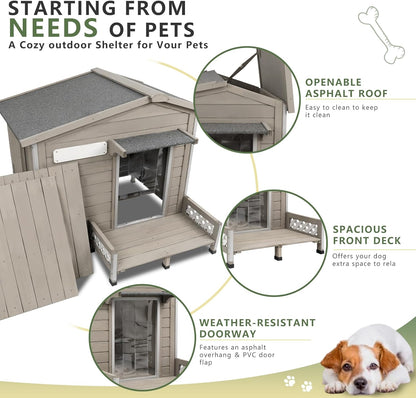 Weatherproof Dog House Outdoor Wooden Chew-Proof Iron Frame, Removable Floor and Adjustable Window for Small Medium Some Large Dogs(Gray, 40" L x 40" W x 35" H)