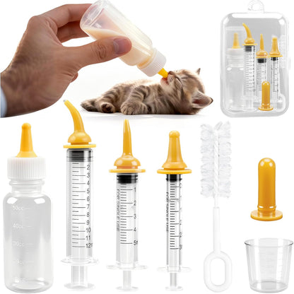 Zkptops Kitten Bottle Feeding Kit with Silicone Nipples Syringe Milk Replacement Feeding Tools for Newborn Kittens Puppies Rabbits Small Animals Pet Nursing Kit with Feeding Supplies Cleaning Brushes