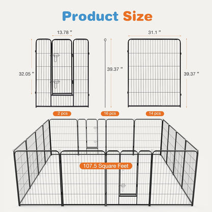 40" 16-Panel Dog Playpen, Metal Exercise Pen with Door for Indoor Outdoor, Heavy Duty Pet Fence for Puppy Small Medium Large Dogs, Rabbits, Camping Yard Garden