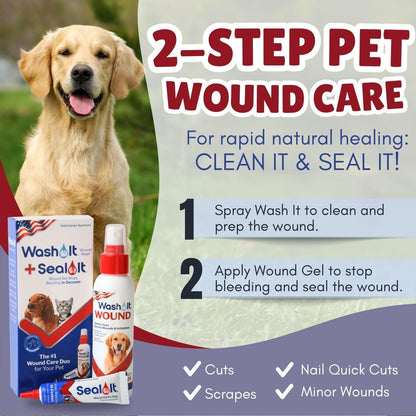 Dog Wound Care Gel & Wash Duo Pack | Styptic Powder Alternative for Dogs & Cats - Quick Stop Bleeding for Cuts (15ml) | Wash It Wound Wash for Dogs & All Pets/Animals to Gently Cleanse Wounds (4oz)