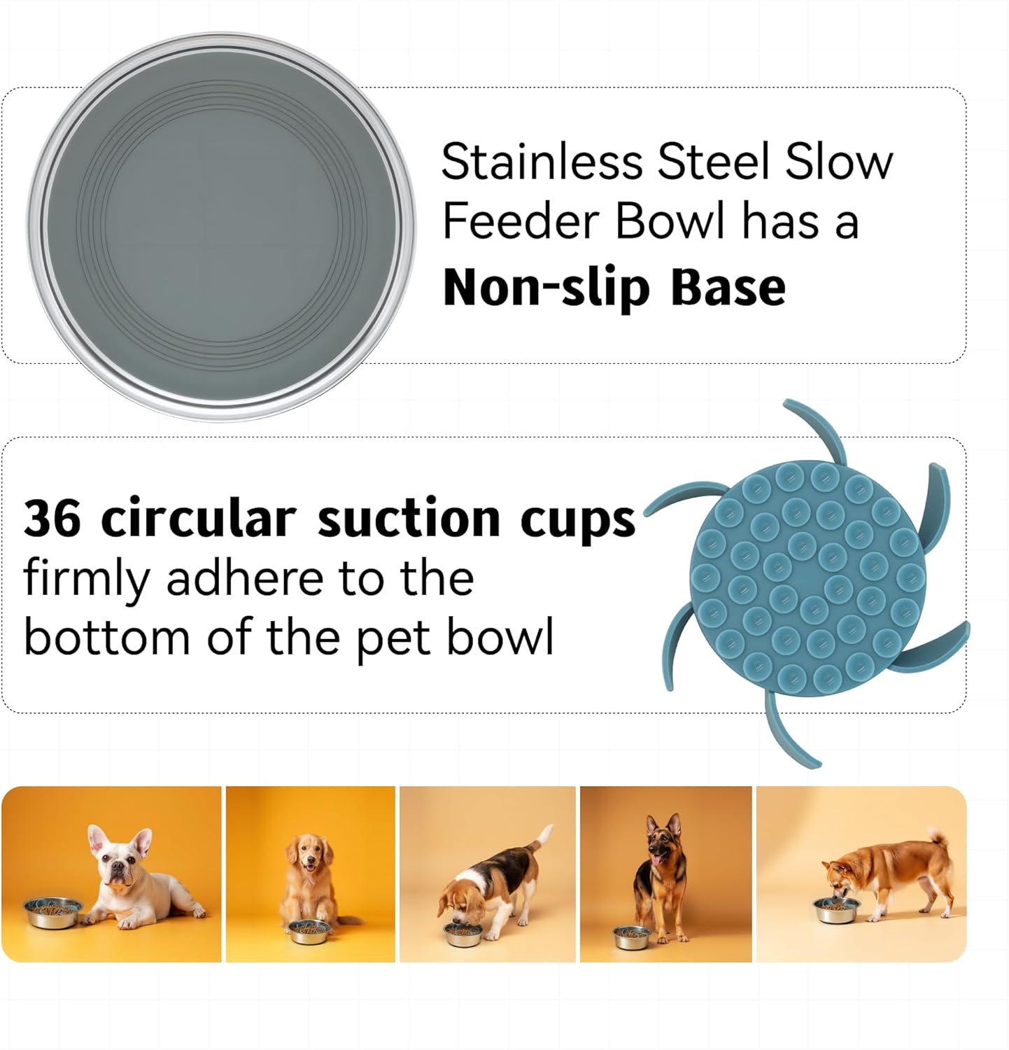 2 in 1 Slow Feeder Dog Bowl with Removeable Silicone Feeder Insert, Stainless Steel Pet Bowl, Non-Slip Rubber Base for Small Medium Dog Cat (3.2 Cups)