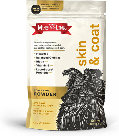 The Missing Link Skin & Coat + Probiotics Supplement 1lb Bag - Powerful Superfood Powder for Dogs Supports Healthy Skin & Glossy Coat, Promotes Hair Growth
