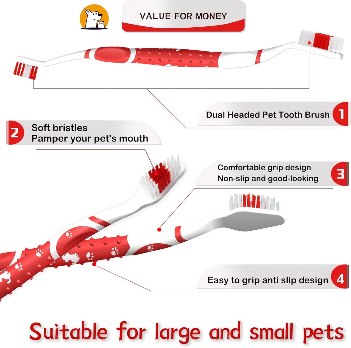 Dog Toothbrush pet Toothbrushes Finger Toothbrush Small to Large Dogs with Soft Bristles Non Slip Dual Head (8 pcs Dual Head + 4 pcs Finger Tooth Brush)