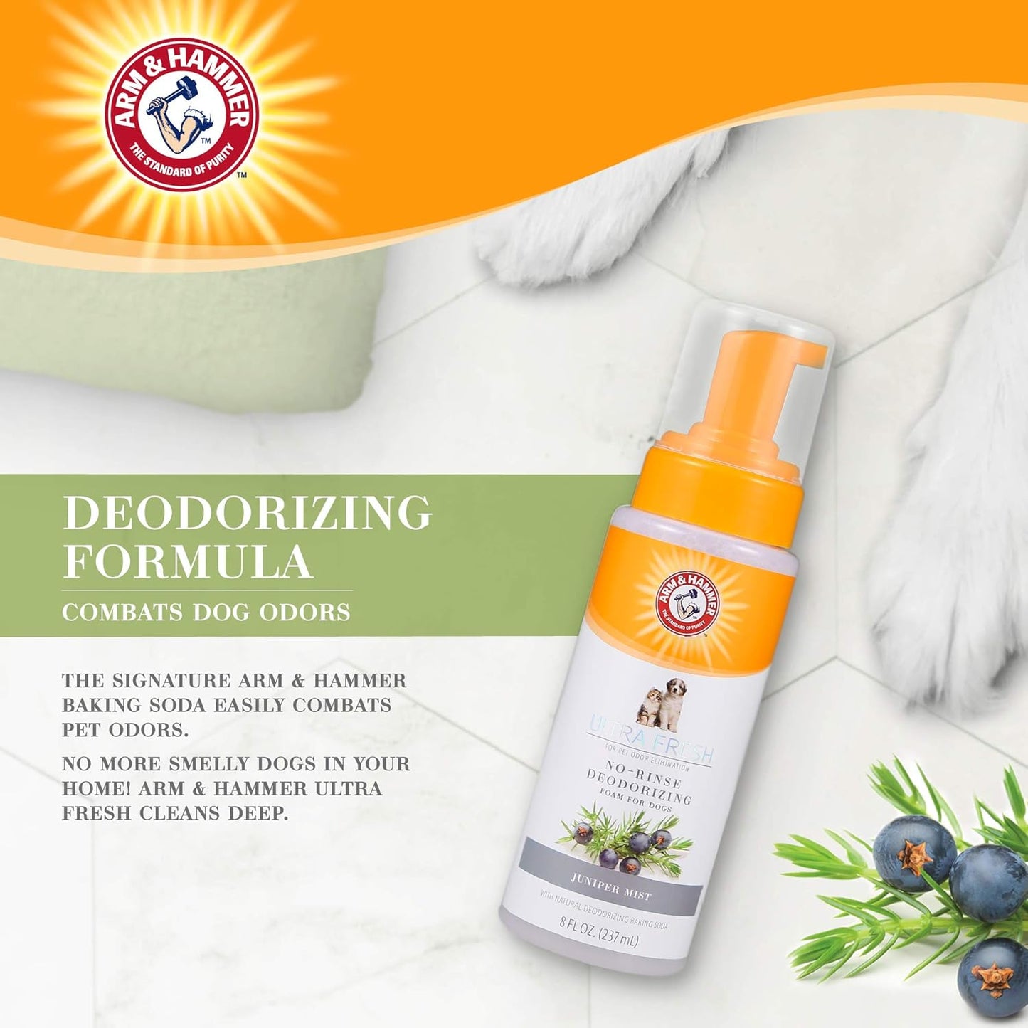 Arm & Hammer for Pets Ultra Fresh Dog Deodorizing Foam, Juniper Mist Scent - No Rinse Waterless Dog Shampoo for Smelly Dogs, Pet Deodorizer, Bathing Supplies, 8 Fl Oz (Pack of 2)