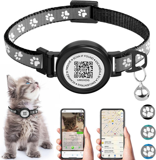 Waterproof Airtag Cat Collar with QR TAG & Reflective, Footprints Pattern, Lightweight Kitten Collar for Apple AirTag, Hidden GPS Tracker Holder for Cats, Kittens (Black)(7-12”)