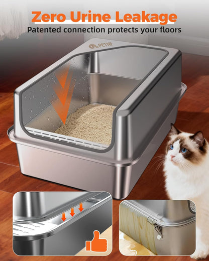 PETNF All Stainless Steel Cat Litter Box, High Sided Large Metal Litter Box - Leak-Proof, Anti-Litter Tracking, Easy Clean for Big Cats, Multi-Cat Households, 24" L x 18" W x 12" H (1 Pack)