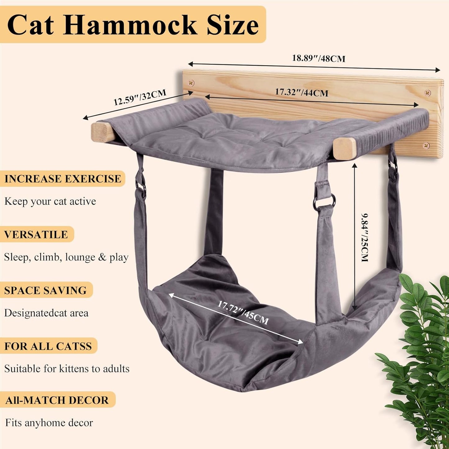 JSPYFITS Wooden Cat Wall Hammock, 18.9 x 12.6 Inch Double Layer Cat Furniture Hammock, Large Removable Multi-Function Cats Bed for Sleep/Play/Climb/Lounge Easy DIY Installation(Grey)