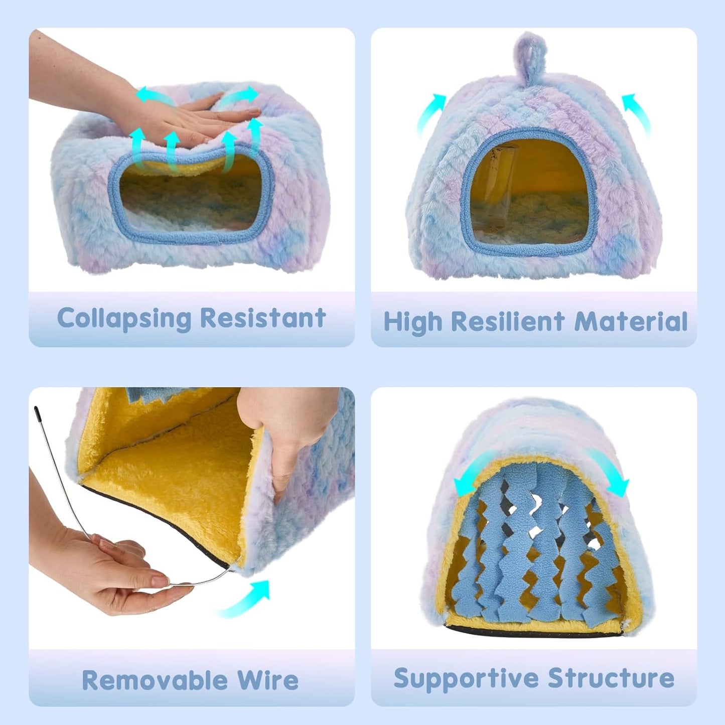 Avont 2 Pack Guinea Pig Hideout Bed and Tunnel Toys Set with Curtain, Washable Soft Plush Bunny Hideaway House Tube Cage Accessories for Small Animal Pet, Rabbits Chinchilla Hamster Ferret Rat -Blue