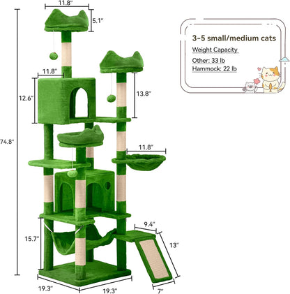 YITAHOME Tall Cat Tree Tower for Indoor Cats, 75in Multi-Level Cat Climbing Tower with Cat Condos, Top Perches, Hammock, Sisal Scratching Posts and Board, Kittens Play Activity Center, Green
