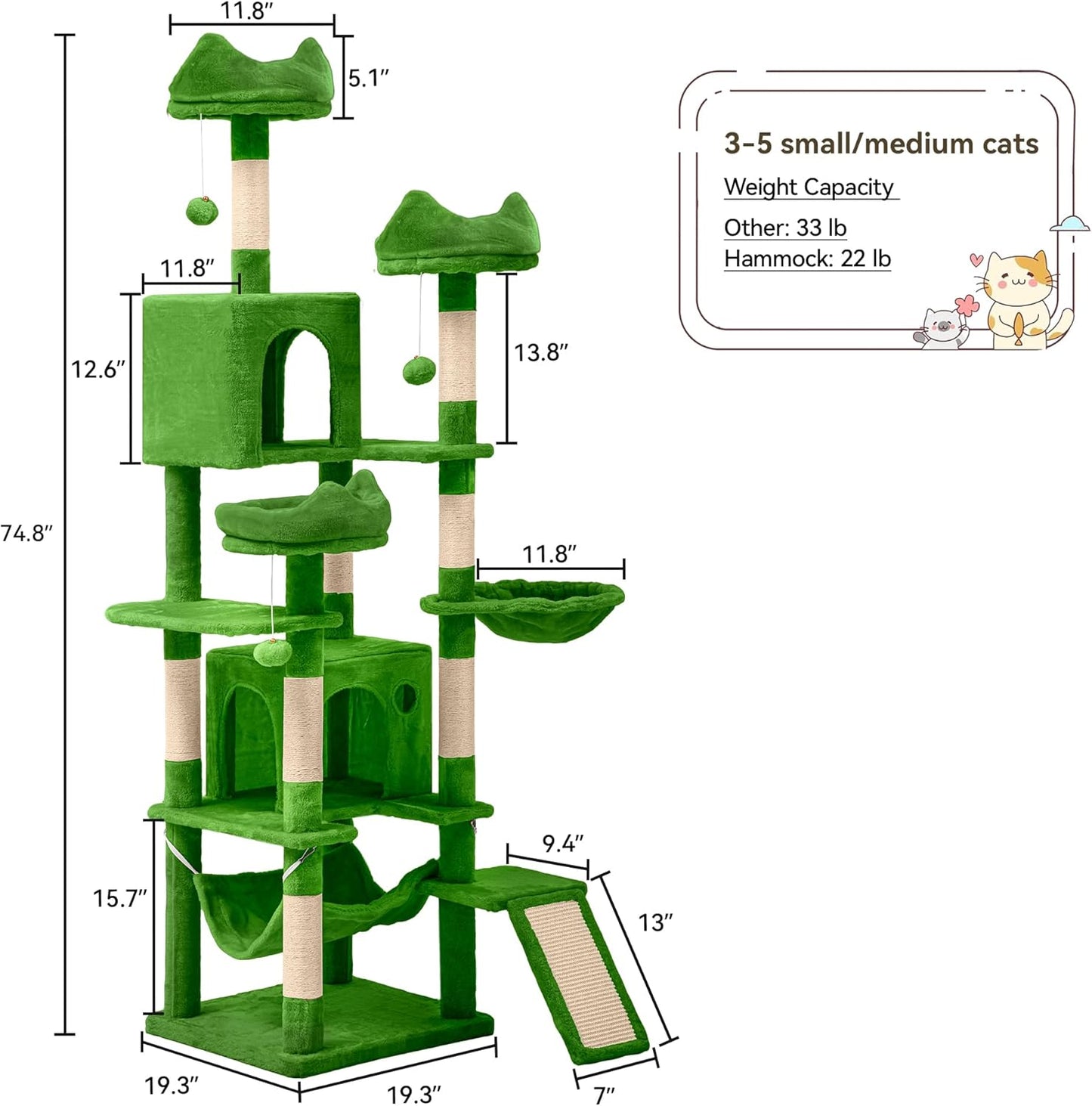 YITAHOME Tall Cat Tree Tower for Indoor Cats, 75in Multi-Level Cat Climbing Tower with Cat Condos, Top Perches, Hammock, Sisal Scratching Posts and Board, Kittens Play Activity Center, Green