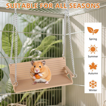 Wooden Chinchilla Hammock with Metal Hooks, Indoor Cage Bench Swing,Hanging Rest Stand & Exercise Toy, Small Animal Cage Accessories for Chinchillas, Rabbits, Guinea Pigs