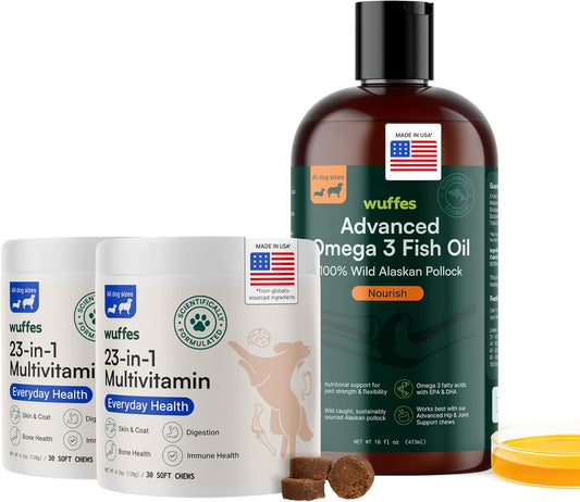 Wuffes 23-in-1 Multivitamin and Advanced Omega 3 Fish Oil Bundle for Large Dogs