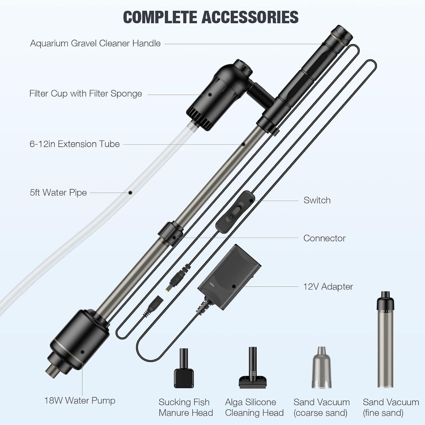 AKKEE Aquarium Vacuum Gravel Cleaner, 18W Electric Fish Tank Cleaner Vacuum, 6 in 1 Multifunctional Aquarium Cleaner for Automatic Water Change, Wash Sand, Water Circulation and Timed Off