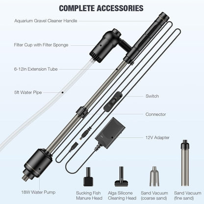 AKKEE Aquarium Vacuum Gravel Cleaner, 18W Electric Fish Tank Cleaner Vacuum, 6 in 1 Multifunctional Aquarium Cleaner for Automatic Water Change, Wash Sand, Water Circulation and Timed Off