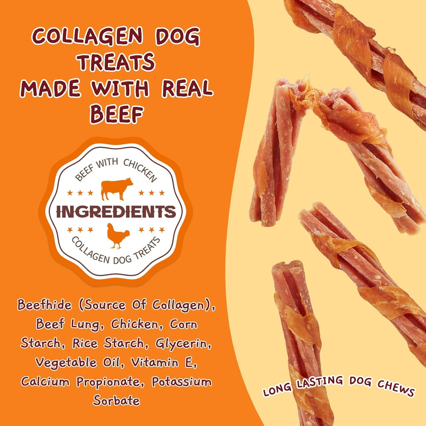 Jungle Calling Beef Collagen Sticks, Long Lasting Dog Chews, Chicken Wrapped Treats, Rawhide Alternative for Small Medium Large Dogs, Dental Health, Beef Lung Flavored Bones,14.1 oz