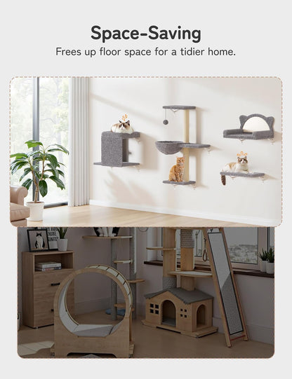 5-in-1 Cat Wall Shelves, Solid Wood & Velvet & Sisal Scratcher, 44lbs Max Load, Wall Mounted Cat Furniture for Climbers, Cat Climbing Wall System, Fits Drywall & Solid Walls - Light Gray