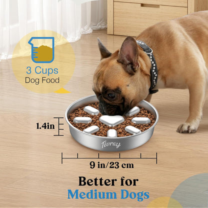 Slow Feeder Dog Bowls, 304 Stainless Steel Slow Feed Pet Bowl with Non-Slip Base for Medium Breed Dogs to Stop Bloat Prevent Choking, Dishwasher Safe, Silver